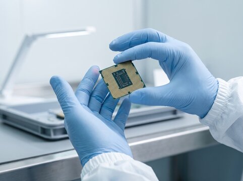 Technician in blue nitrile gloves holding computer processor chip in cleanroom, manufacturing-process