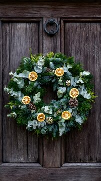 Christmas wreath with dried limes and pinecones on wooden door