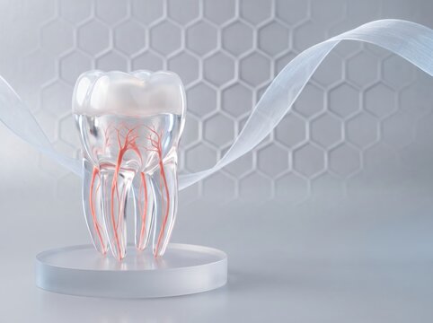 Translucent molar tooth model with red roots on frosted pedestal, patient care