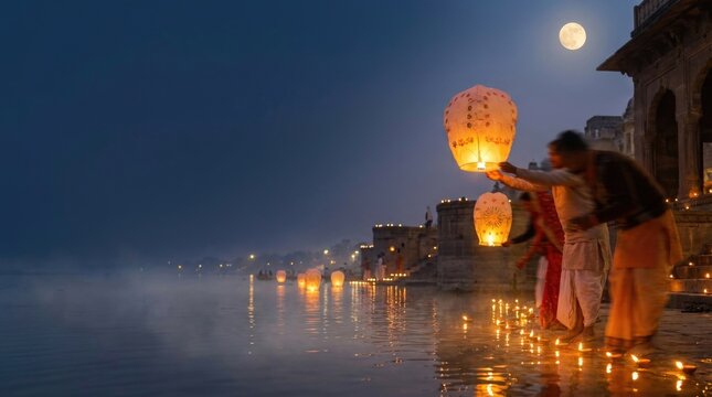 Paper sky lantern release on sacred riverbank during kartik purnima celebration, devotee lighting floating oil diya lamp, full moon twilight over ghat, traditional hindu festival atmosphere.