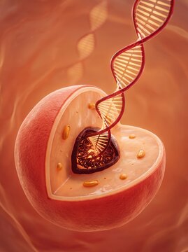 Cross-section of cell with DNA double helix emerging from nucleus, genetics research