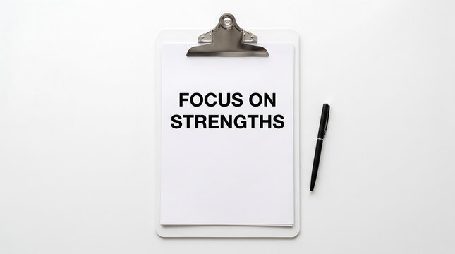 Focus On Strengths motivational message printed in bold black typography on white paper clipped to a clipboard next to a pen on a clean surface