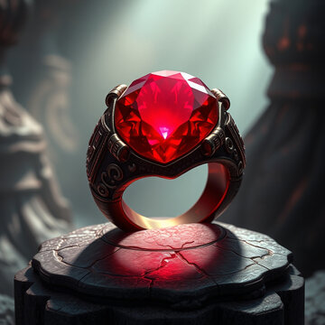 Magical ruby ring on stone pedestal