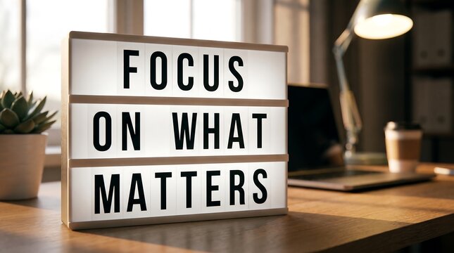 Focus On What Matters motivational message spelled out in bold black uppercase letters on a glowing light box sitting on an office desk