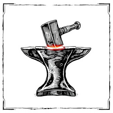 Blacksmith hammer on anvil woodcut