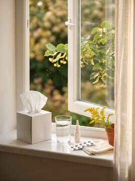Tissue box nasal spray pills and water glass on windowsill