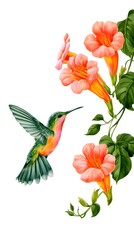 Fototapeta premium Watercolor hummingbird hovering near orange trumpet vine flowers