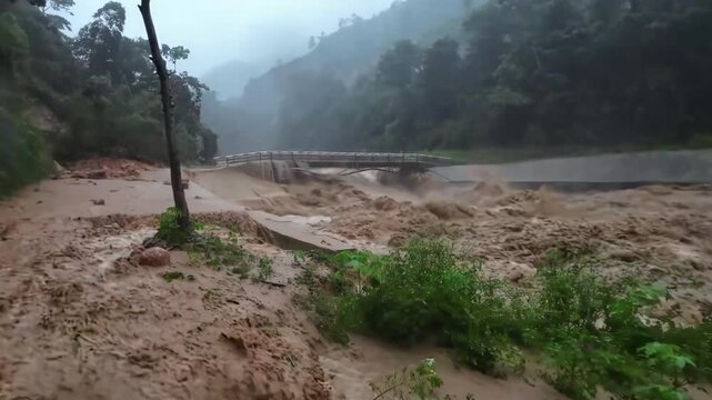 View of a river swollen and dramatically overflowing as a result of flooding. Natural disaster caused by climate change.