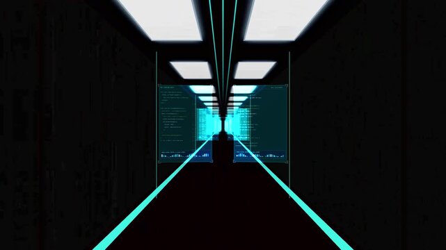 Dark High Tech Server Room Aisle Fly Through with Dual Telemetry HUD Screens and Binary Code 