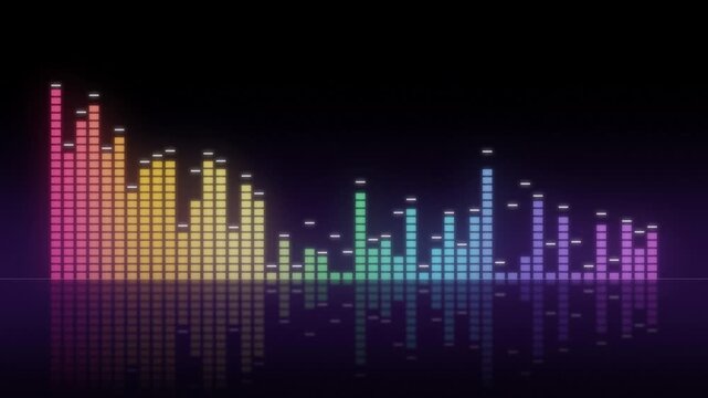 Pulsing neon equalizer bars reacting to music in rainbow colors, audio visualizer 4K looping