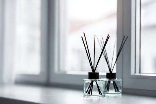 Close-up of two reed diffusers with black sticks on table, fresh fragrance, tranquil home atmosphere, soft light, modern minimalist interior.