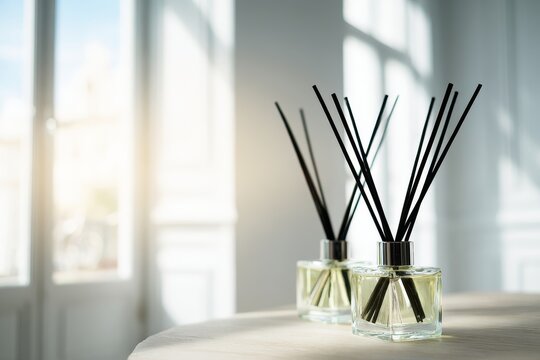 Close-up of two reed diffusers with black sticks on table, fresh fragrance, tranquil home atmosphere, soft light, modern minimalist interior.