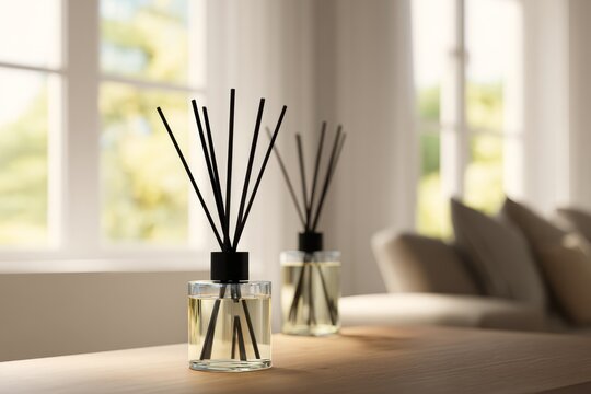 Close-up of two reed diffusers with black sticks on table, fresh fragrance, tranquil home atmosphere, soft light, modern minimalist interior.