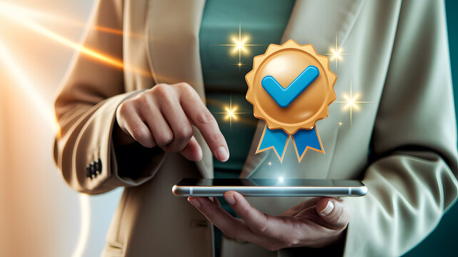 Businesswoman holding smartphone with quality guarantee badge for customer satisfaction concept.