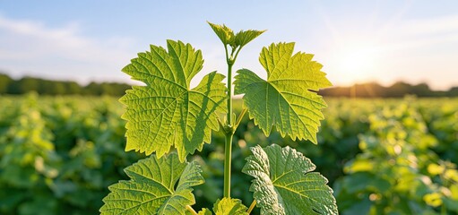 Fototapeta premium In a lush vineyard at golden hour, a tender grapevine sprout reveals fresh growth and natural beauty.