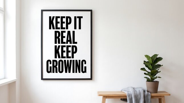 Keep It Real Keep Growing motivational message in bold black typography inside a minimalist black frame hanging on a white wall