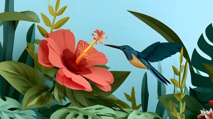 Fototapeta premium Papercraft hummingbird sipping nectar from red hibiscus flower