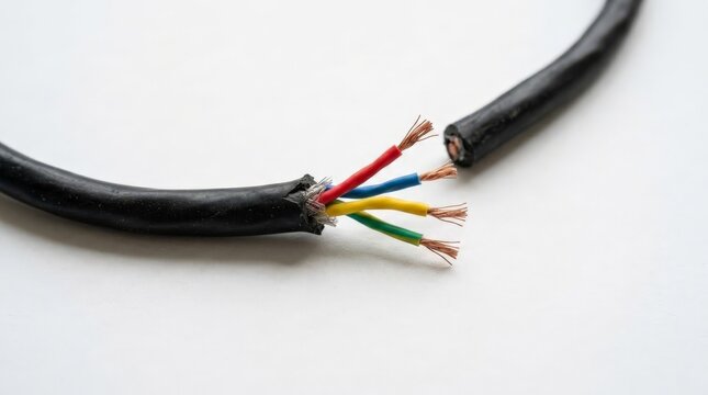 A close up view of a severed black electrical cable, showing internal colorful wires that are unplugged and exposed, resting on a clean white surface with sharp focus