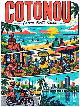 Illustrated Cotonou scene shows a lagoon meeting the ocean, with a sunny beach, lively market, motorcycle riders, and a waterfront skyline.