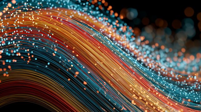 Glowing orange, teal, and crimson light streams weave across a dark background, a vibrant abstract concept