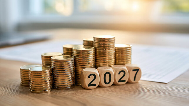 ground-level tabletop perspective of polished coins arranged in tidy stacks next to handcrafted wooden number blocks forming "2027", a blank ruled budget worksheet extending behind the arrangement, 
