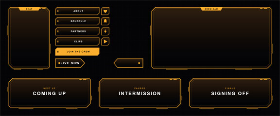 Obraz na płótnie Canvas sci fi hud stream overlay set, cyberpunk streaming broadcast frames, futuristic yellow user interface, twitch webcam overlay kit, neon gaming border elements, digital livestream screen template, tech 