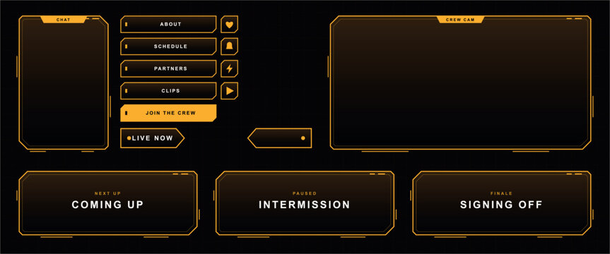 sci fi hud stream overlay set, cyberpunk streaming broadcast frames, futuristic yellow user interface, twitch webcam overlay kit, neon gaming border elements, digital livestream screen template, tech 