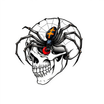 Neo traditional black widow spider on skull tattoo flash art
