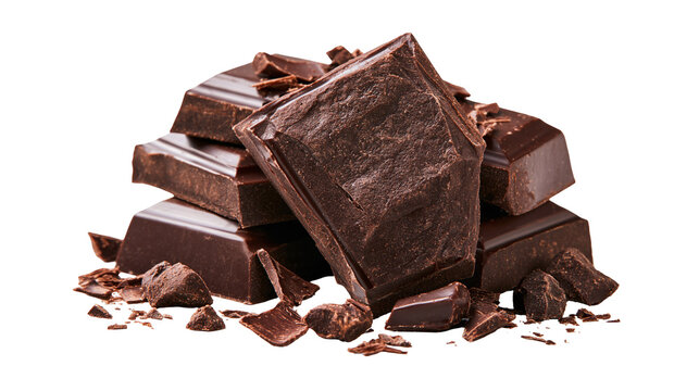 Stacked dark chocolate squares and broken cocoa chunks