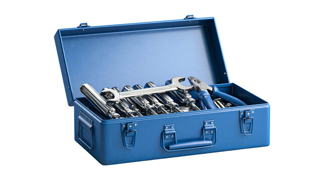 Blue metal tool box filled with assorted steel wrenches and pliers
