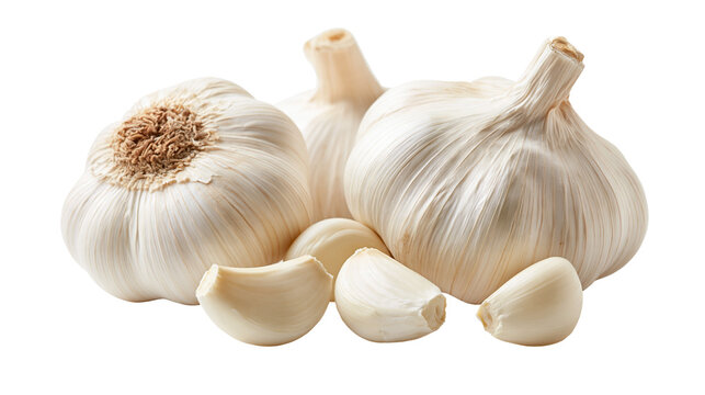 Fresh whole garlic bulbs and peeled cloves with papery white skin