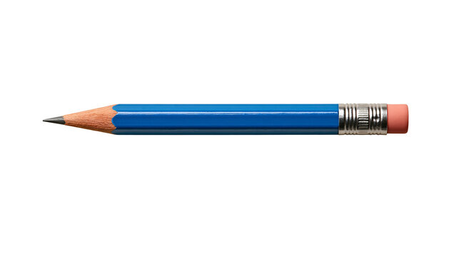 Blue wooden pencil with a sharpened graphite tip and a pink rubber eraser