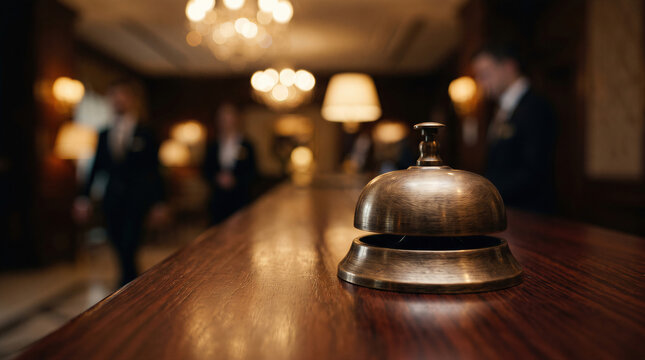 Concierge service bell on luxury hotel reception desk counter in lobby for hospitality.