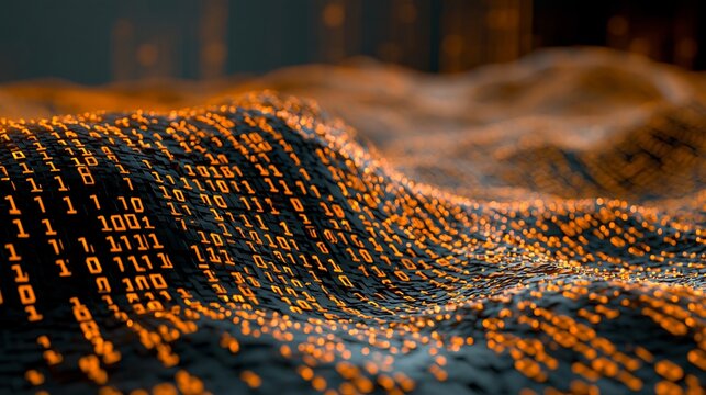 Abstract digital data stream flowing with binary code, creating a futuristic glowing orange surface, excellent concept background