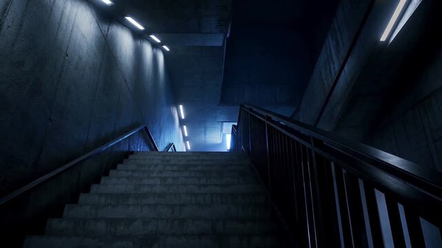 Concrete Staircase Ascends Into Glowing Blue Light in Underground Tunnel with Cinematic Moody Atmosphere