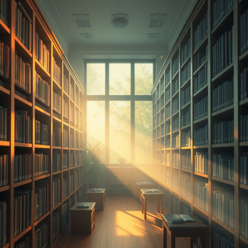 Nostalgic lo-fi chillwave album cover with sunlit library