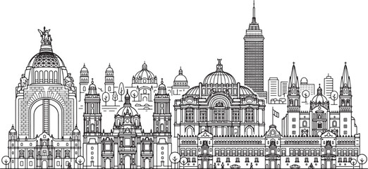 Obraz premium Generic urban skyline silhouette with historical architecture and modern skyscrapers in a clean linear vector art style