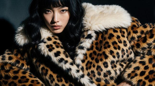 Beautiful Asian woman wears luxury leopard print faux fur coat. Model poses in stylish animal print jacket with big collar. Glamour fashion look for winter season. Elegant female gazes at camera