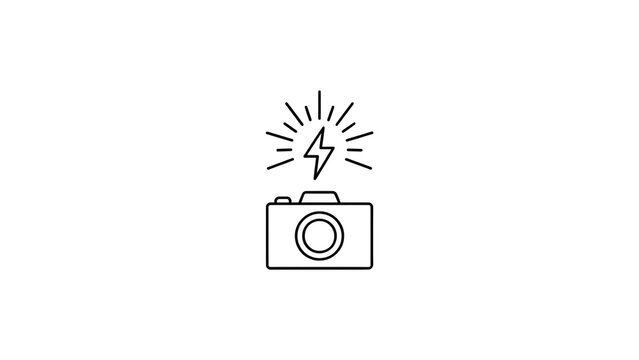 Simple line art icon of camera with flash symbol above on plain white background isolated.