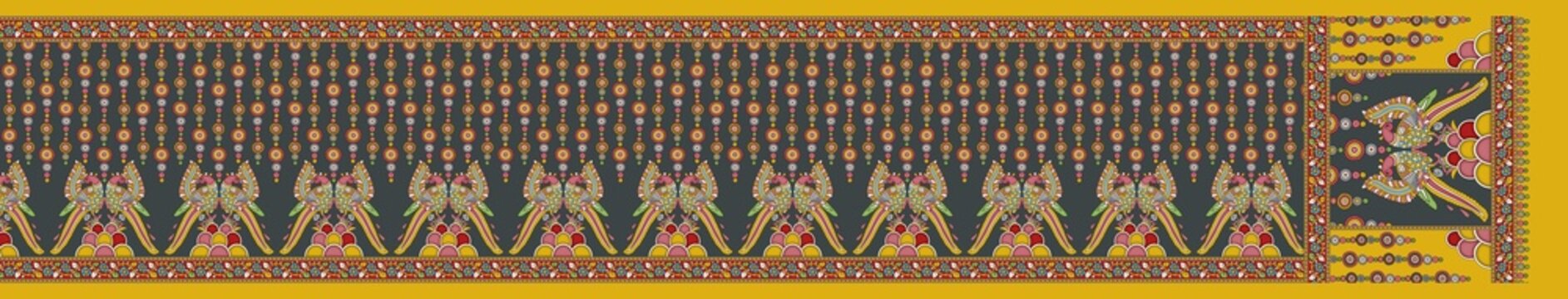 Ornate Ethnic Saree Design with Hanging Pearl Tassels Border, Charcoal Body, and Yellow Peacock Pallu