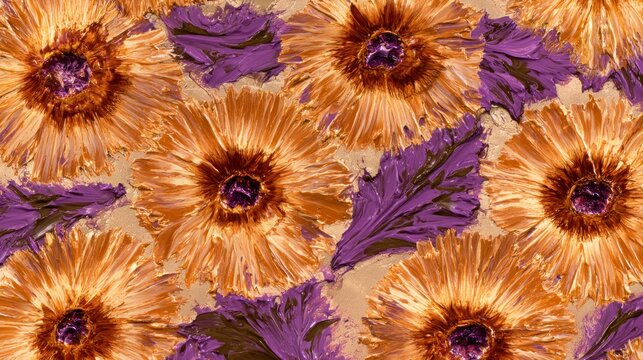 Textured floral painting with orange and purple petals close up