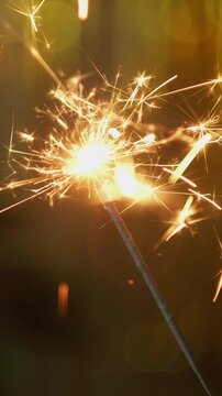 Vertical video. Lighting festive sparklers, Happy new year celebration.