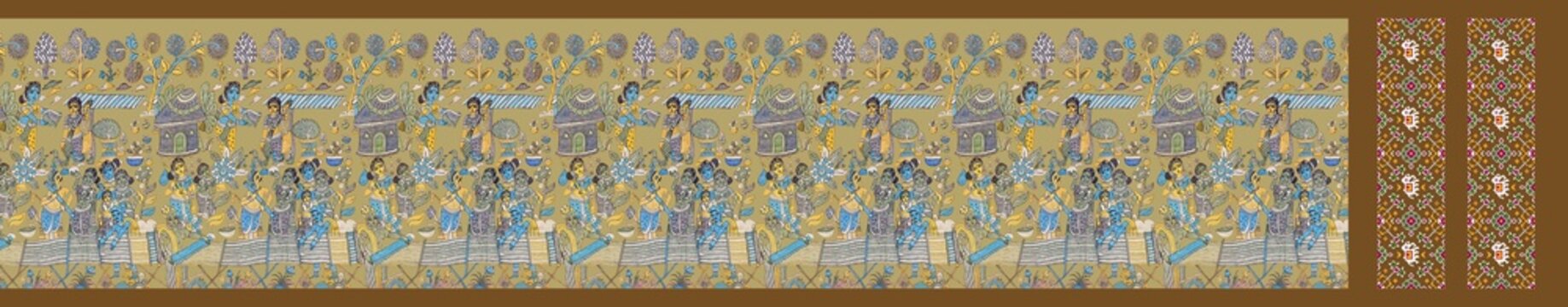 Narrative Indian Folk Art Saree Design with Mythological Scenes Border and Patola Geometric Pallu