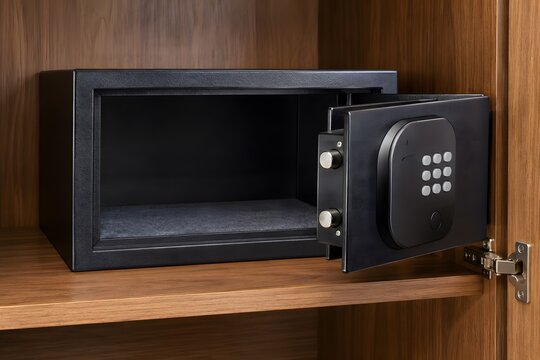 Open electronic hotel room safe with a blank keypad