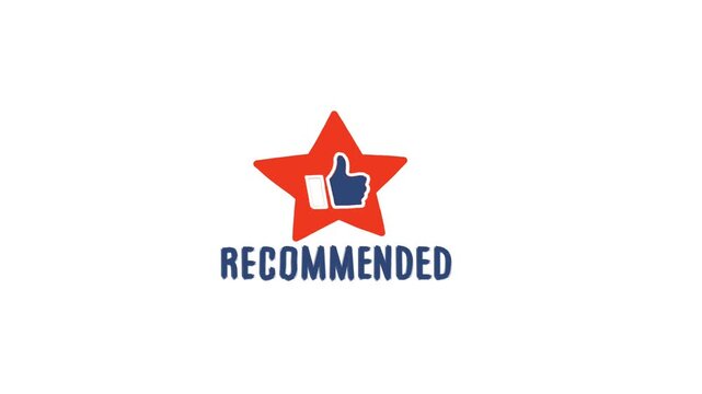 Red star icon animation with thumbs up and recommended typography on white background for video feedback and product rating review.
