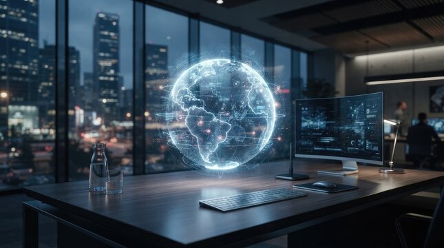 A modern office with a computer monitor displaying a globe and a bottle of water on a wooden desk.