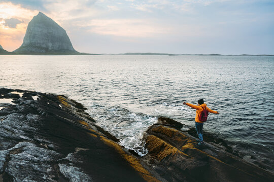 Female tourist exploring Helgeland islands in Norway travel lifestyle outdoor recreation backpacking solo, adventurer traveler on active holidays freedom weekend getaway