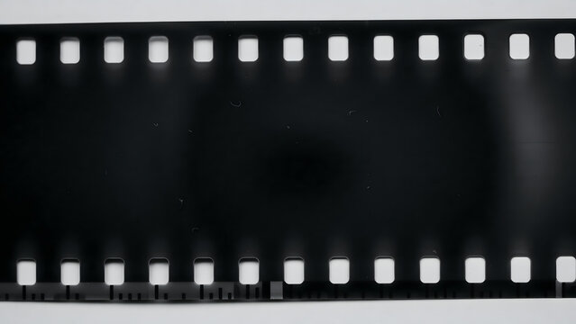 Blank black photographic film strip with perforations on white background for copy space.