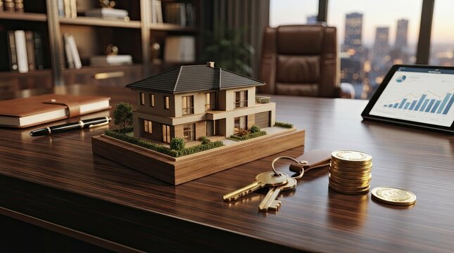 A wooden house model with keys and coins on a desk.