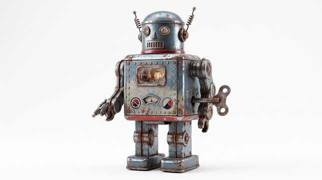An antique wind-up tin toy robot showcasing a distressed metallic blue and red design perfect for themes of retro technology childhood and nostalgia isolated on white